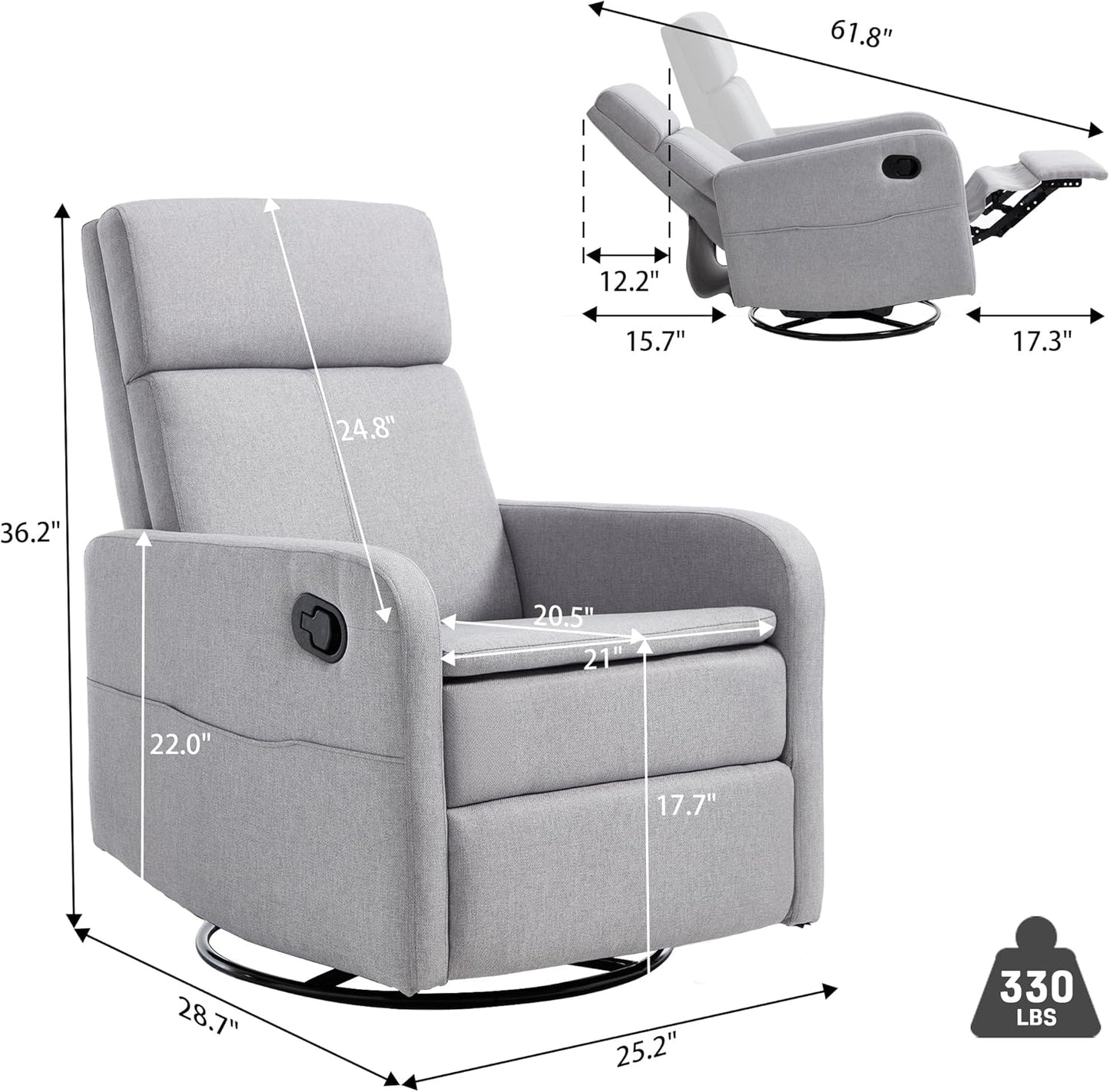 Ketaiyou Swivel Rocking Recliner Chair for Adults, Rocker Nursery Glider Chair for Living Room Bedroom, Upholstered Fabric Reclining Single Sofa Chair(Light Grey)