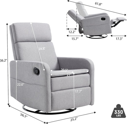 Ketaiyou Swivel Rocking Recliner Chair for Adults, Rocker Nursery Glider Chair for Living Room Bedroom, Upholstered Fabric Reclining Single Sofa Chair(Light Grey)
