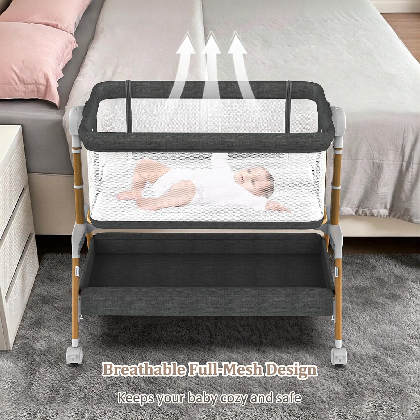 3 in 1 Baby Bassinet, Bedside Sleeper for Newborn, 7-Level Height Adjustable, Rocking Design with Breathable Mesh, Lockable Wheels & Large Storage Space, Portable Baby Crib（Dark Gray）