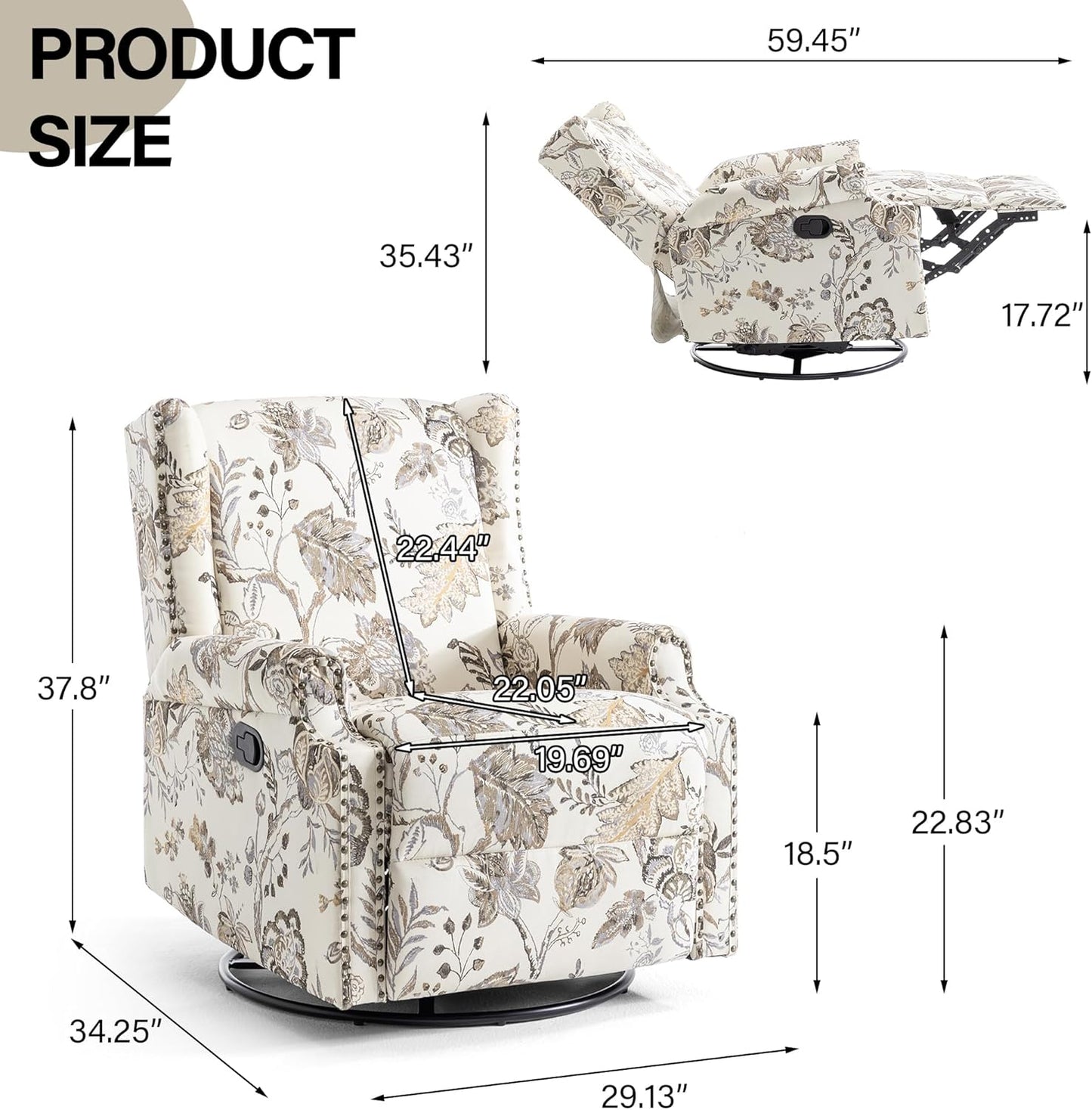 Swivel Rocker Recliner Chair, Manual Nursery Glider Recliner, Floral Fabric Wingback Accent Chair with Adjustable Backrest & Footrest for Small Spaces Living Room Bedroom (Plants Floral, Set of 1)