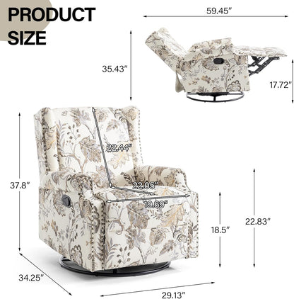 Swivel Rocker Recliner Chair, Manual Nursery Glider Recliner, Floral Fabric Wingback Accent Chair with Adjustable Backrest & Footrest for Small Spaces Living Room Bedroom (Plants Floral, Set of 1)