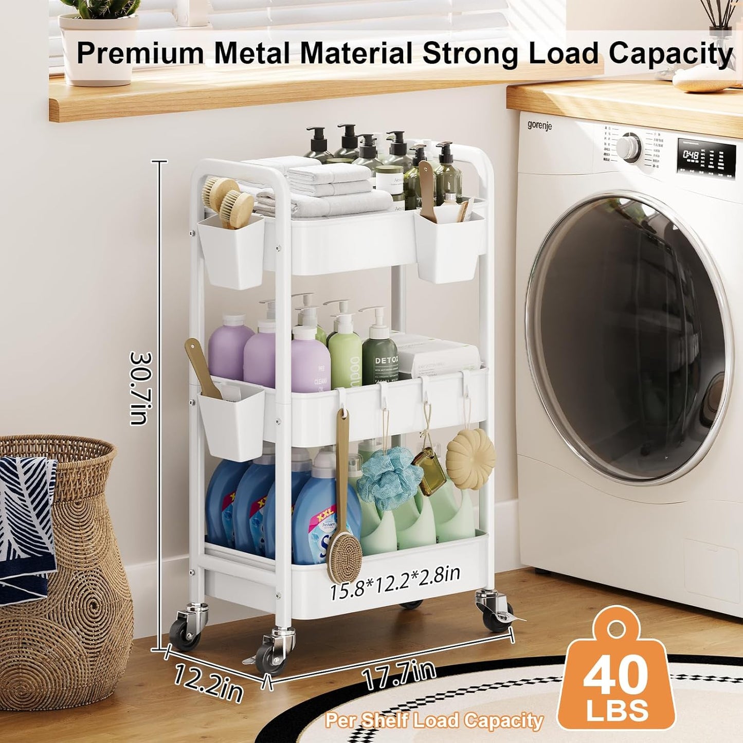 Beige 3 Tier Rolling Cart Metal on Wheels, Three Tiered Storage Organizer Utility Trolley with Wheels for Art, Craft, Baby Diaper Caddy, Snack, Book, Nail, Lash, Cleaning Supplies, Kitchen, Bathroom