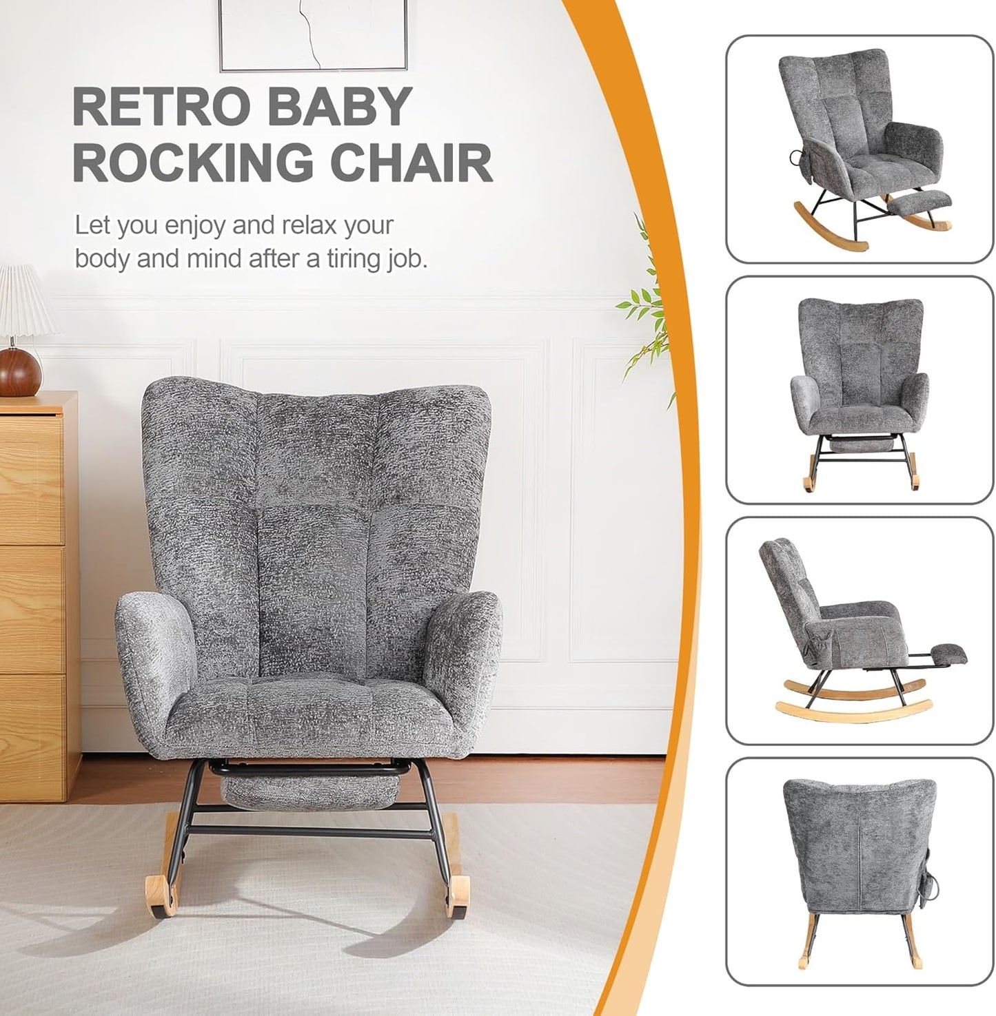 Rocking Chair Nursery with Airbag, Comfy Modern Nursery Rocking Reading Chair indoor with Footrest, Cozy Upholstered Glider Rocker Chairs for Living Room Bedroom Offices(Chenille, Dark Grey)