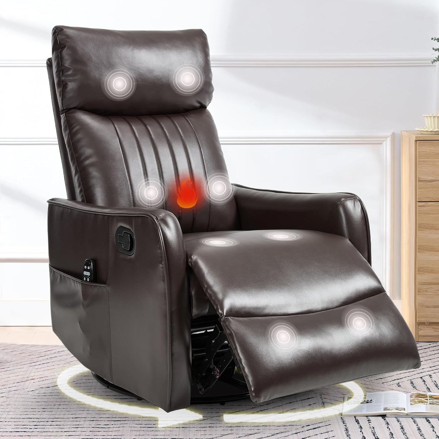 cinkehome Swivel Rocker Recliner, Glider Rocker Recliner Chair for Nursery, Manual Reclining Chair with Heated Massage, Small Spaces, Living Room, Khaki Chenille
