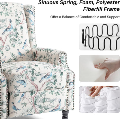 Swivel Rocker Recliner Chair, Manual Nursery Glider Recliner, Floral Fabric Wingback Accent Chair with Adjustable Backrest & Footrest for Small Spaces Living Room Bedroom (Plants Floral, Set of 1)