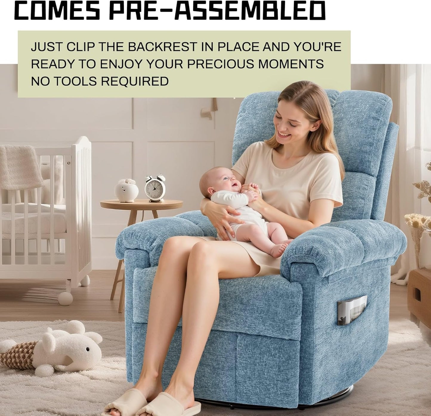 Korser Recliner Chair, Swivel Rocker Recliner Chair for Adults, Small Recliners for Small Spaces, Upholstered Manual Recliner with Side Pockets, Nursery Rocking Chair for Living Room, Chenille, Beige