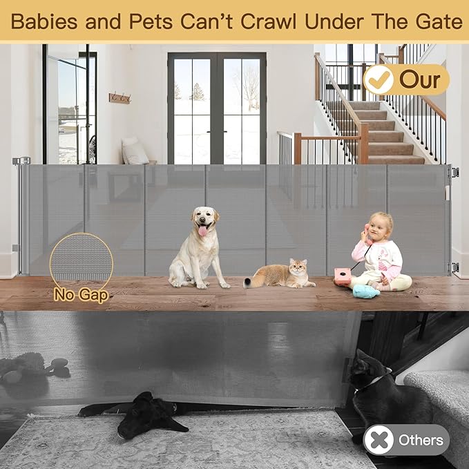 Reinforced 159 Inch Extra Wide Retractable Dog Gate with Support Rods, Indoor/Outdoor Retractable Gate, Prevent Babies and Dogs from Crawling Through Mesh Baby Gates for Doorways Extra Wide, Gray