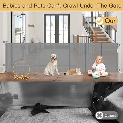 Reinforced 100 Inch Extra Long Baby Gates for Large Openings to Prevent Crawling Under, No Bottom Bar Extra Wide Retractable Baby Gate for Stairs, 8 ft Mesh Child Gate for Parent/Pet Owner Use, Gray