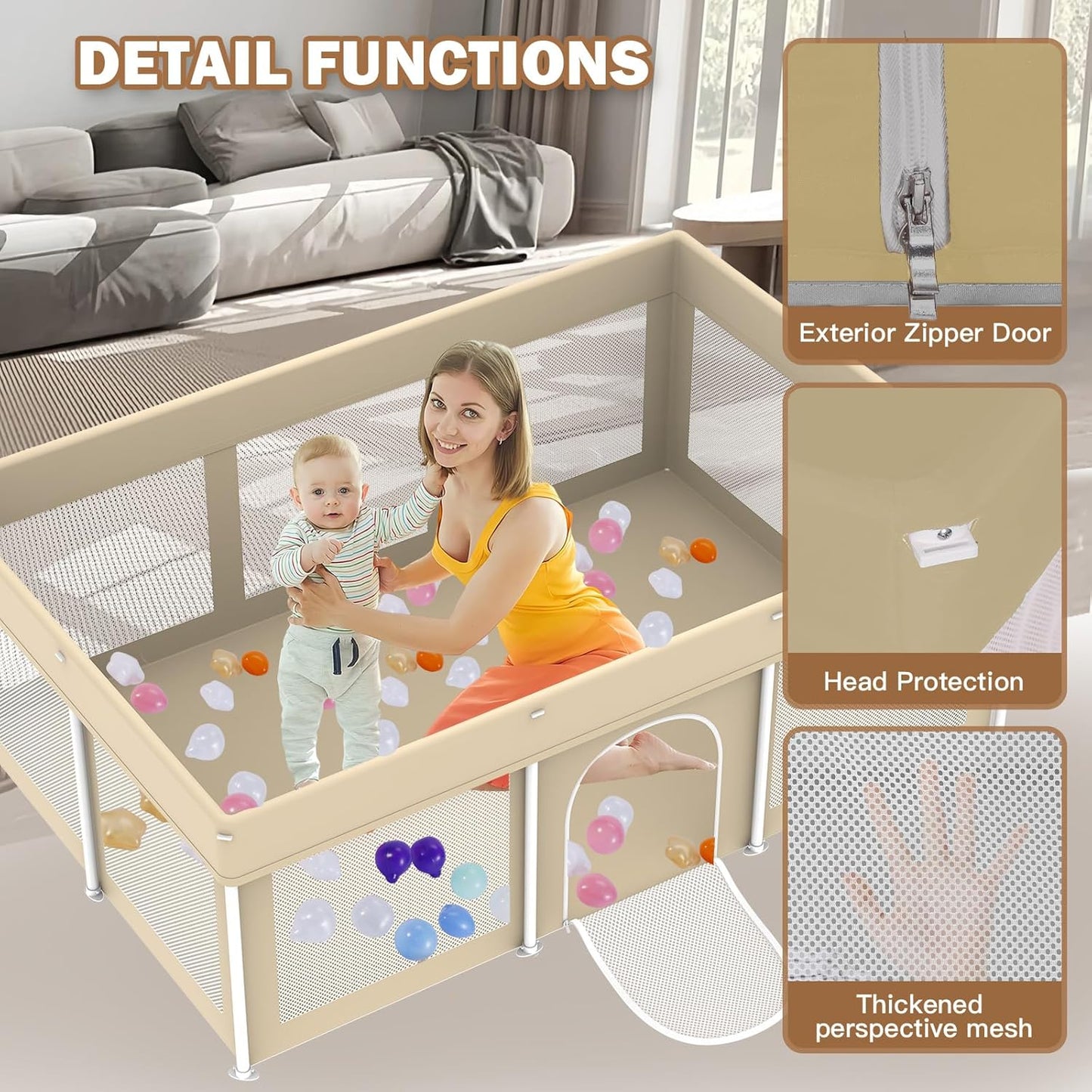Foldable Baby Playpen 50"×50", Playard for Babies and Toddlers, Portable Safety Baby Fence Lightweight,No Installation, Indoor & Outdoor Playpen with Ocean Balls*50, Grey