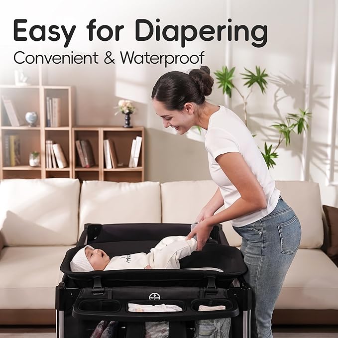 Pamo Babe 4 in 1 Baby Playards with Bassinet & Changing Table, Portable Crib Breathable Mesh and Toy Mobile