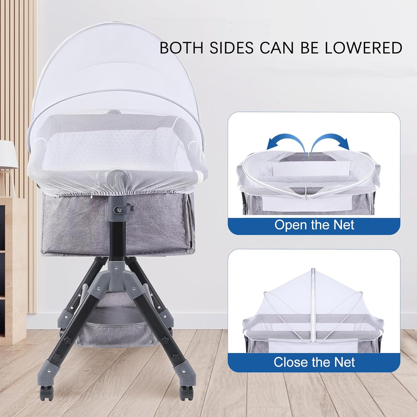 Akiky Portable Bassinet Bedside Sleeper Cover Semi-Sunshade Mosquito Net for Baby Infant Bed Sleeper Cover Mesh Net with Zip-up Window(Gray)