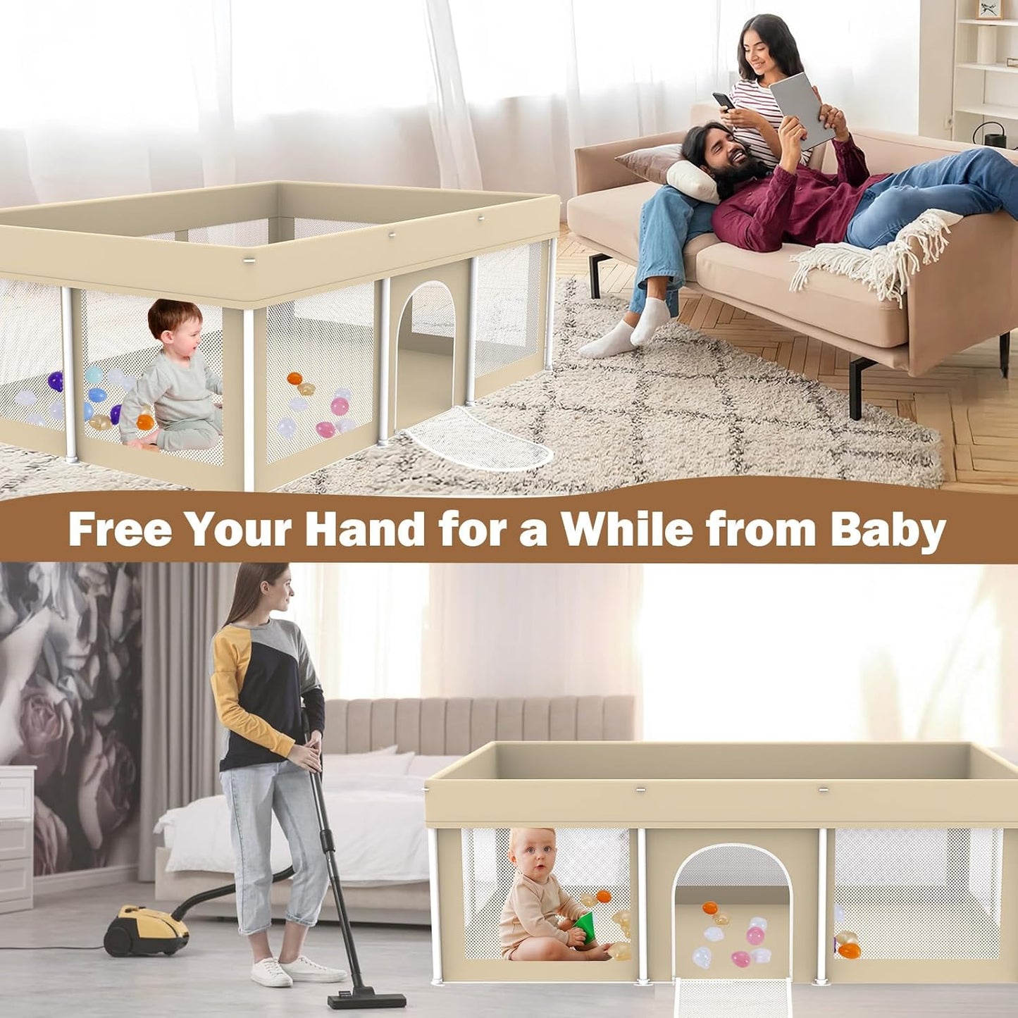 Foldable Baby Playpen 50"×50", Playard for Babies and Toddlers, Portable Safety Baby Fence Lightweight,No Installation, Indoor & Outdoor Playpen with Ocean Balls*50, Grey