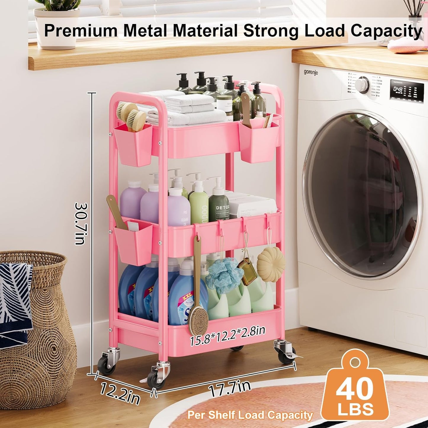 Beige 3 Tier Rolling Cart Metal on Wheels, Three Tiered Storage Organizer Utility Trolley with Wheels for Art, Craft, Baby Diaper Caddy, Snack, Book, Nail, Lash, Cleaning Supplies, Kitchen, Bathroom