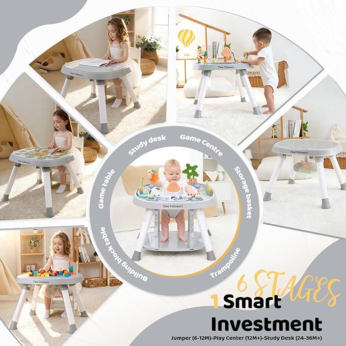 Time Followers® 6-in-1 Baby Activity Center | 4 Stage Montessori-Inspired Toys | Grow Stationary Standing Toddler Table | Jumpers & Bouncers | Must Have for Boy & Girl 6, 12, 24+ Month Old (Grey)