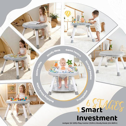 Time Followers® 6-in-1 Baby Activity Center | 4 Stage Montessori-Inspired Toys | Grow Stationary Standing Toddler Table | Jumpers & Bouncers | Must Have for Boy & Girl 6, 12, 24+ Month Old (Grey)