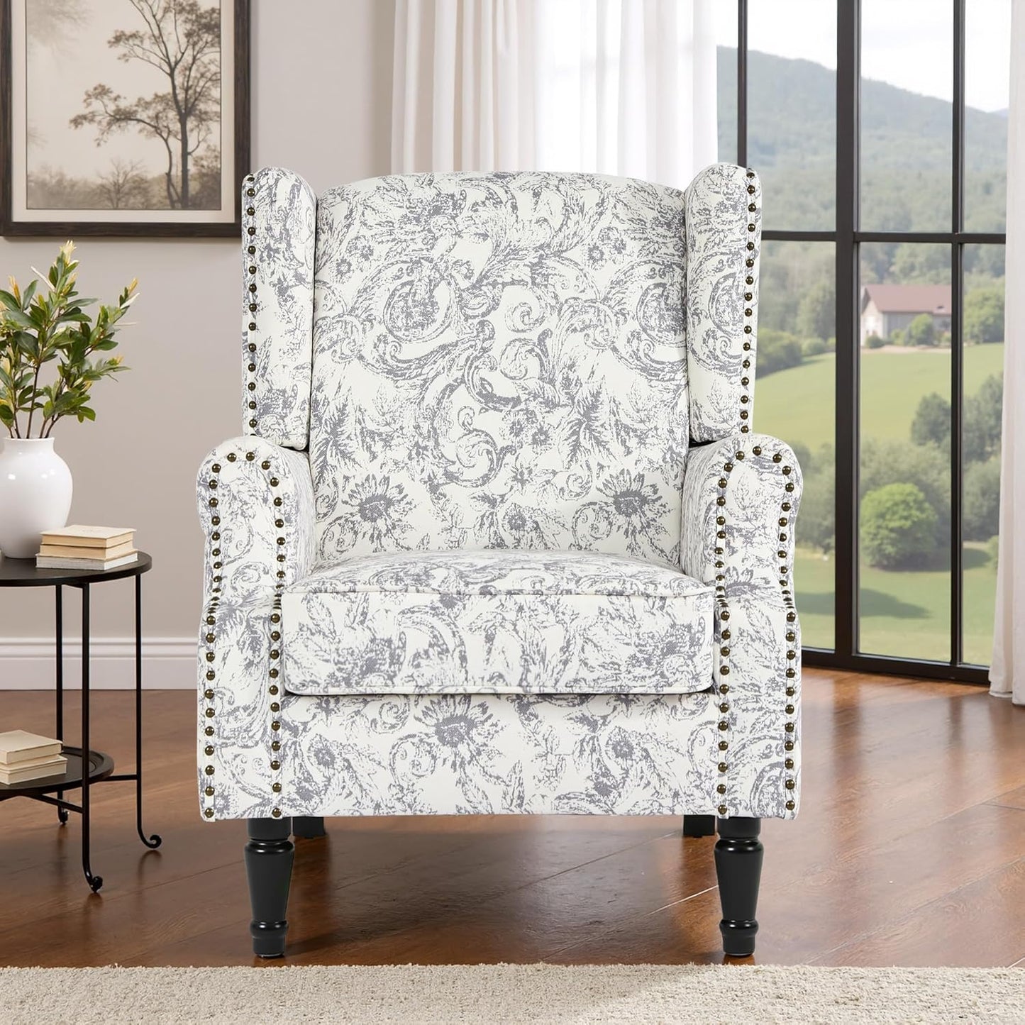 Swivel Rocker Recliner Chair, Manual Nursery Glider Recliner, Floral Fabric Wingback Accent Chair with Adjustable Backrest & Footrest for Small Spaces Living Room Bedroom (Plants Floral, Set of 1)