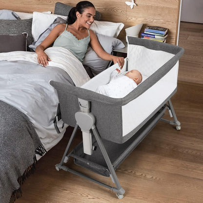Cowiewie Bassinet Bedside Sleeper, Baby Bassinet with 7 Adjustable Height, Bedside Bassinet for Baby with Storage, Breathable Mesh & Mattress, Portable Bassinet Easy Folding (Pyramid Light Gray)