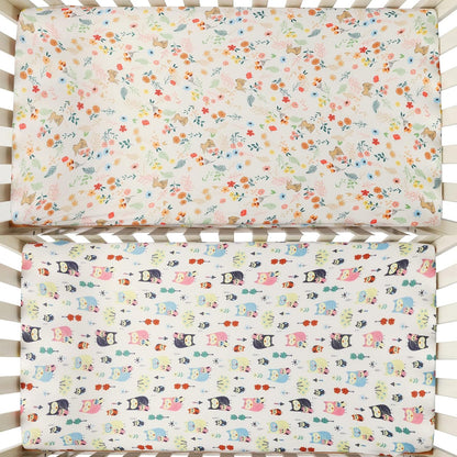 Onacosht Pack and Play Sheets 3 Pack for Baby Boy, Stretchy Jersey Knitted Portable Mini Crib Sheets Playard Mattress Cover, Woodland Animal Elephant Fox Lion Bear Giraffe Zebra Printing