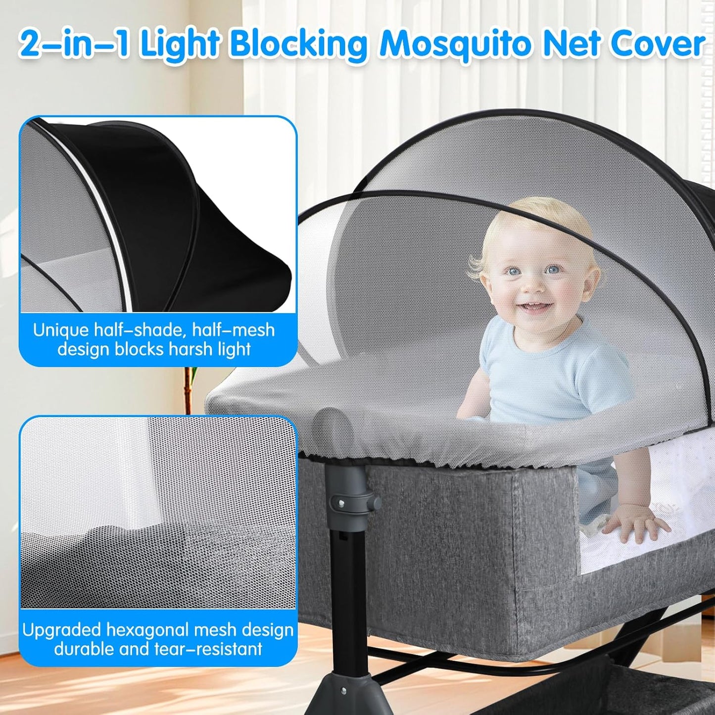 Bassinet Mosquito Net Cover - Half-Blackout Mosquito Net for Baby Crib & Bedside Sleeper, Breathable Crib net with 2-Way Zipper, Sun-Blocking Baby Mosquito Net Cover (Gray-Small)