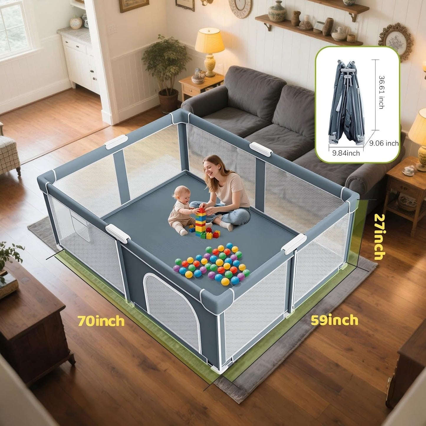 Foldable Baby Playpen - 71"×59" Collapsible Play Pen for Babies and Toddlers - Indoor Outdoor Foldable Play Yard with 4 Handles - Folding Baby Playpen with Bag Portable Travel Play Yard
