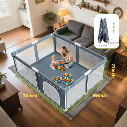 Foldable Baby Playpen - 71"×59" Collapsible Play Pen for Babies and Toddlers - Indoor Outdoor Foldable Play Yard with 4 Handles - Folding Baby Playpen with Bag Portable Travel Play Yard