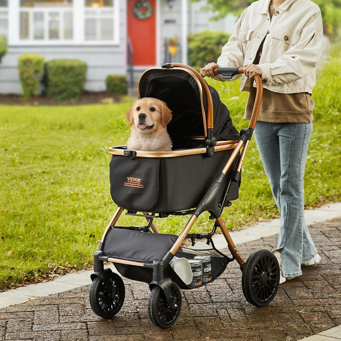 VEVOR Pet Stroller, 44 lbs Weight Capacity, Foldable Dog Cart, 4 Wheels Cats Stroller with Mesh Windows & Revrsible Handle, Portable Pet Carrier with Brake, for Small to Medium Pets