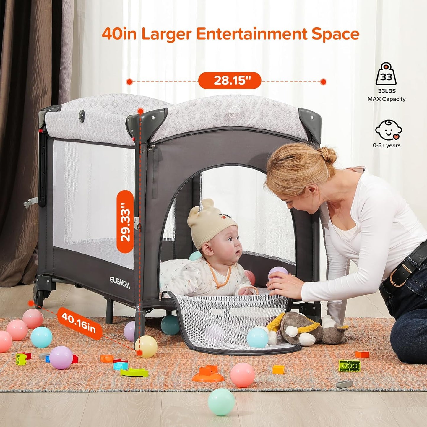 ELEMARA Wide Baby Bassinet Bedside with Diaper Changer,Long Next to Bed Crib with Mattress,Sheet,Music, Playpen Travel Bed with Storage (3 in 1 Baby Bassinet, 3 in 1 Full)