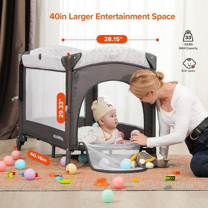 ELEMARA Wide Baby Bassinet Bedside with Diaper Changer,Long Next to Bed Crib with Mattress,Sheet,Music, Playpen Travel Bed with Storage (3 in 1 Baby Bassinet, 3 in 1 Full)