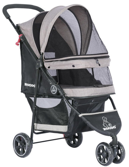 ROODO 3 Wheel Dog Pet Cat Stroller Best Lightweight Foldable Compact Portable Jogger All Terrain Travel Pet Gear Puppy Kitty Stroller for up to 30lbs Medium Small Dogs and Cats(Light Khaki)