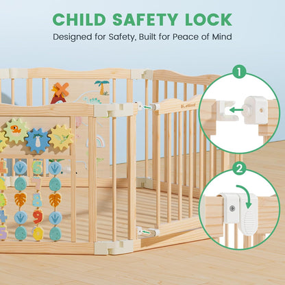 Foldable Wooden Playpen - Adjustable Wood Baby Play Yard with Child-Proof Lock, Indoor Large Safety Fence for Babies and Toddlers - Easy Assembly, 55 x 55 x 24 inches, Dino Land, Colorful