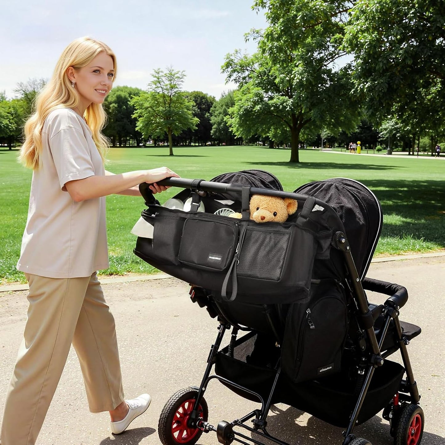 Double Stroller Organizer for Bob Duallie with 2 Insulated Cup Holders & Cooler Bag, Baby Jogger City Mini Gt2 Jeep Double Stroller Caddy Accessories, Universal Parent Console Stroller Organizer