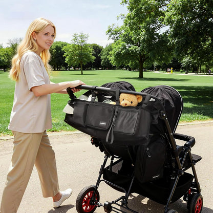 Double Stroller Organizer for Bob Duallie with 2 Insulated Cup Holders & Cooler Bag, Baby Jogger City Mini Gt2 Jeep Double Stroller Caddy Accessories, Universal Parent Console Stroller Organizer