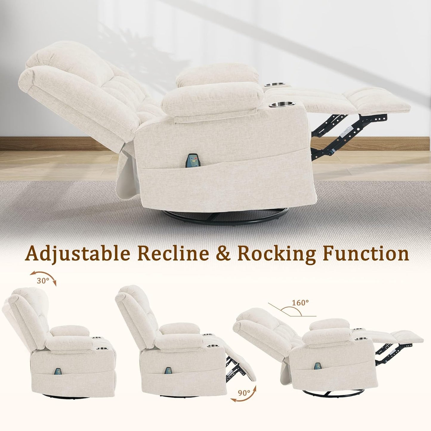 Korser 360° Swivel Rocker Recliner for Adults, Nursery Glider Recliner with Massage and Heating, Rocking Chair with Cup Holder, Manual Recliner Chair for Living Room, Bedroom (Fabric, Beige)