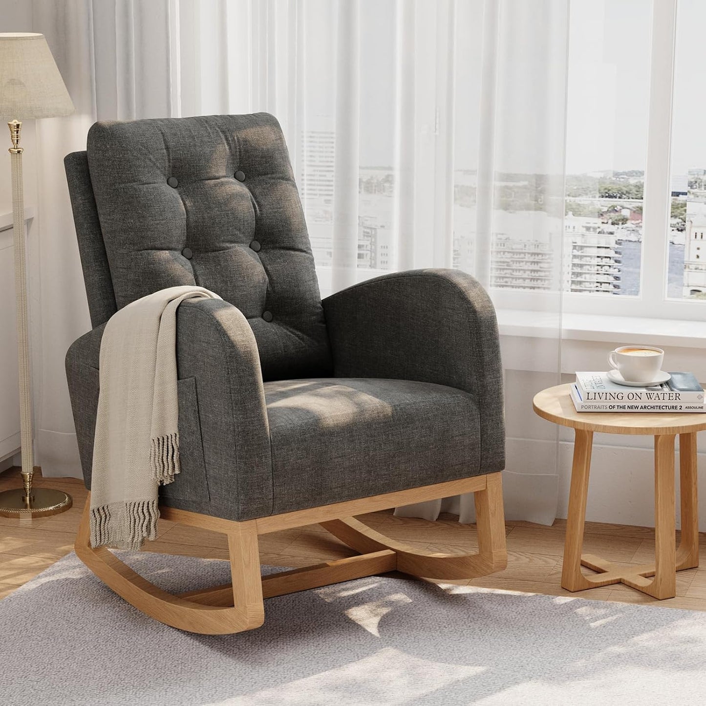 GarveeHome Nursery Rocking Chair with Adjustable Footrest, Teddy Fleece Upholstery, Sturdy Wooden Legs & High Backrest, Comfortable Glider Rocking Chair for Living Room or Bedroom, Pink