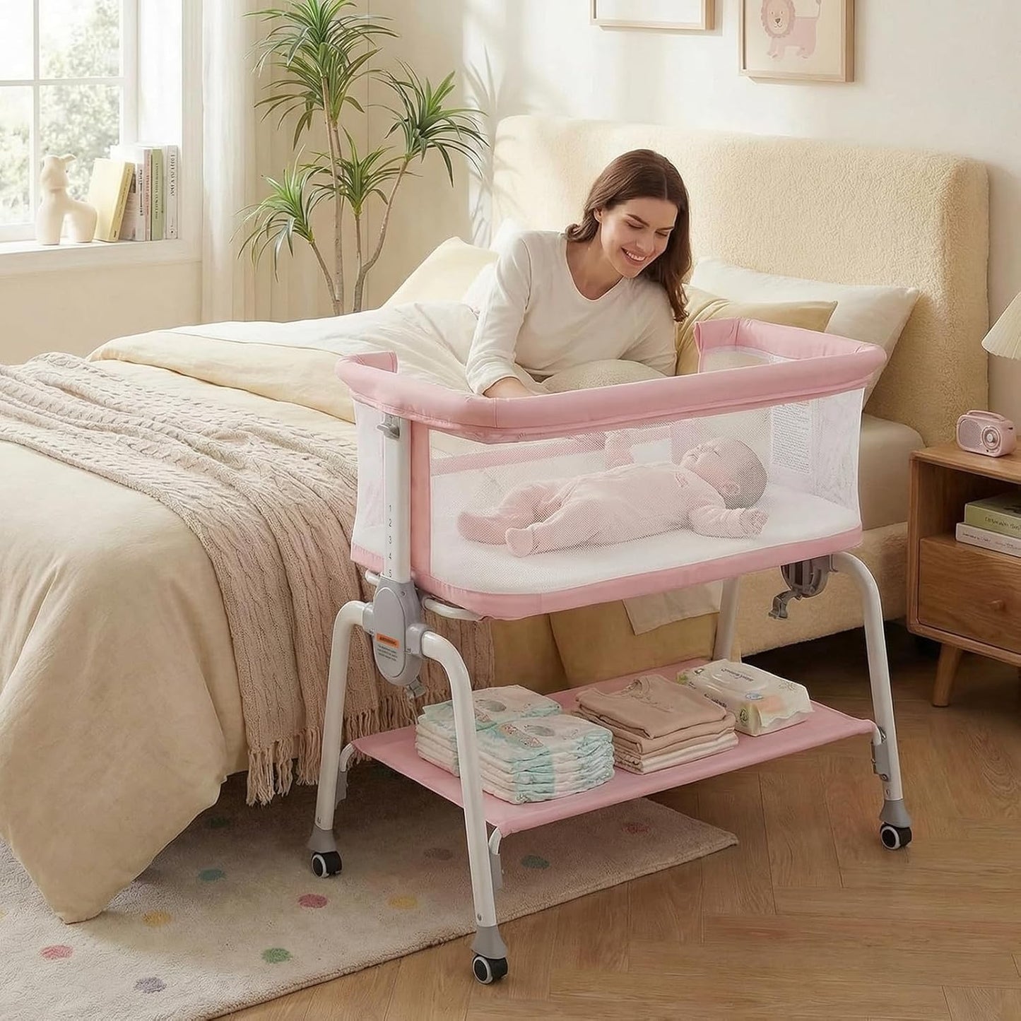Cowiewie Bassinet Bedside Sleeper, Breathable Baby Bedside Bassinet and Mattress, Lightweight and Portable for Bedside Sleeping, Light Grey