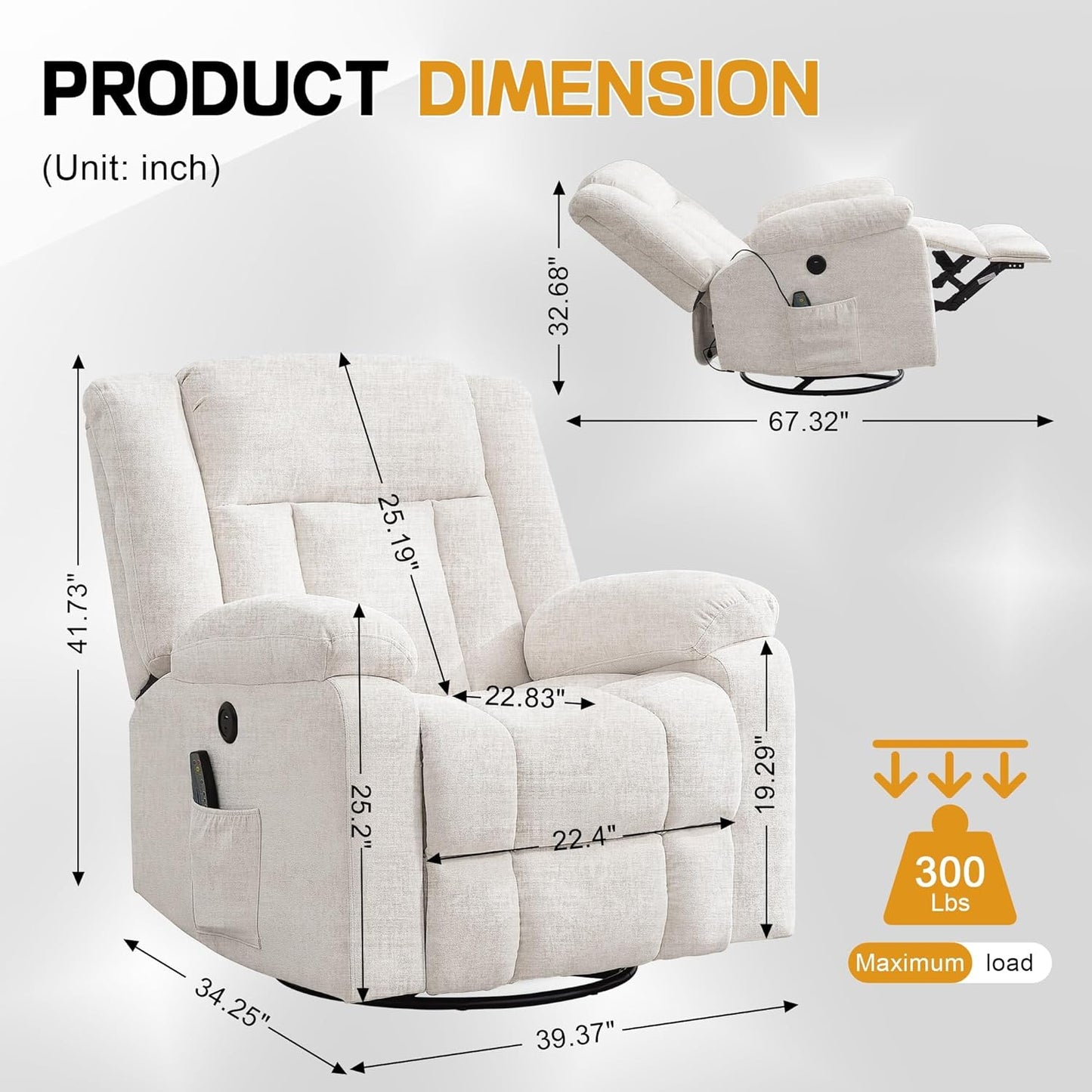 Korser Rocker Recliner, Glider Recliner Chairs for Adults, 360° Swivel Rocking Chair with Massage and Heating, Nursery Chair with Storage and USB Charging for Living Room, Bedroom, Nursery