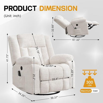 Korser Rocker Recliner, Glider Recliner Chairs for Adults, 360° Swivel Rocking Chair with Massage and Heating, Nursery Chair with Storage and USB Charging for Living Room, Bedroom, Nursery