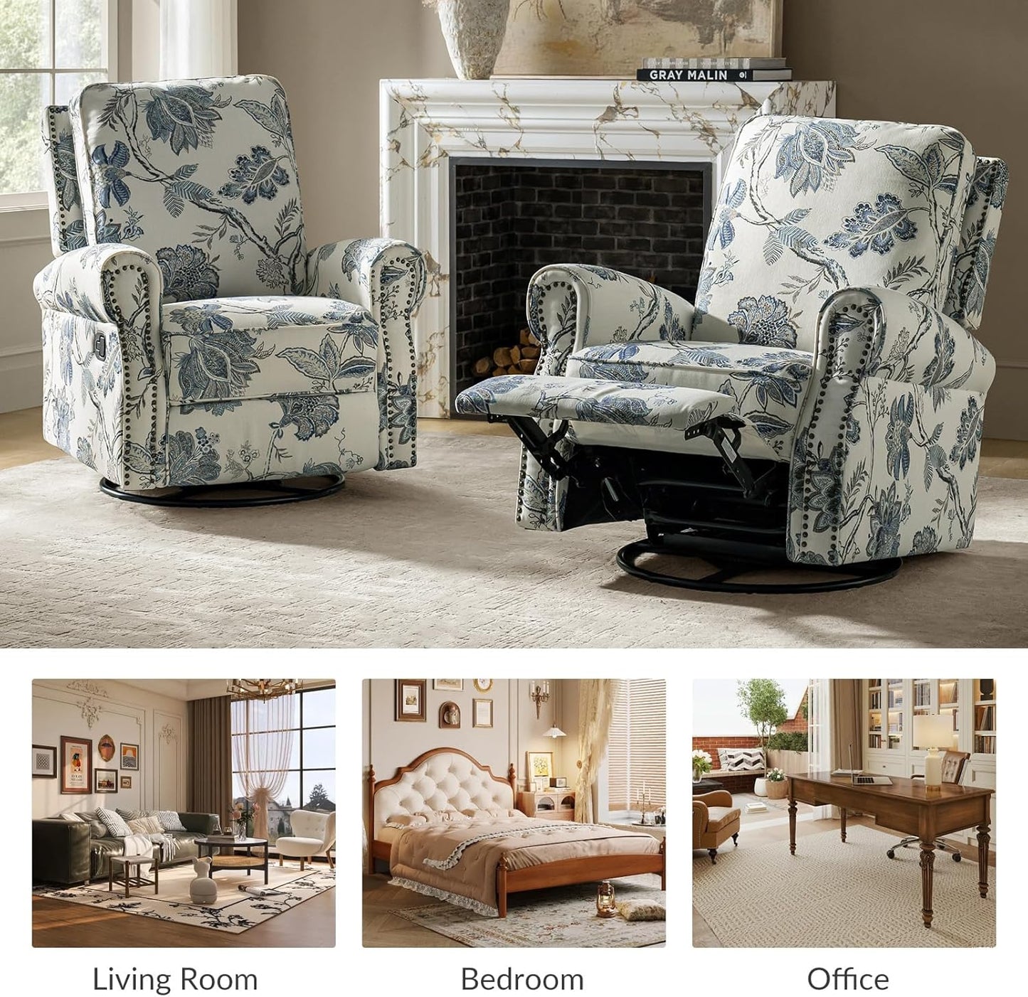 HULALA Home Modern Rocker Recliner, Printed Fabric Swivel Glider with Adjustable Backrest & Footrest, JEACOBEAN