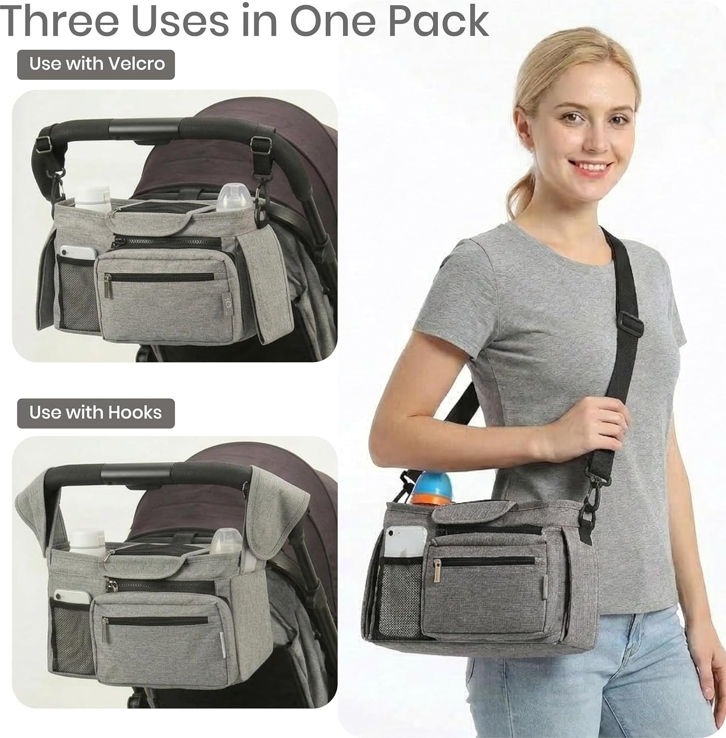Universal Stroller Organizer, Grey - 2 Insulated Cup Holders - Non-Slip Stroller Caddy Bag - Detachable Phone Pouch - Fits Uppababy, Nuna - New Mom Essentials