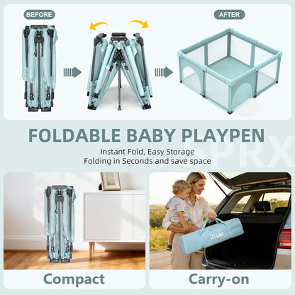Foldable Baby Playpen, iTiLike Large Playard with Detachable Thickened Washable Water-Resistant Mat, Playpen for Babies and Toddlers, Play Pens with Gate, Indoor & Outdoor Portable Play Yard