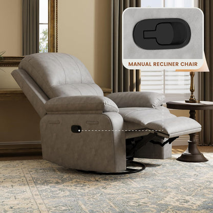 Leather Swivel Rocker Recliner Chair, Traditional Manual Chair, Upholstered Nursery Glider Rocking Recliner, Comfy Faux Leather Single Sofa with Pocket Spring for Living Room, Camel