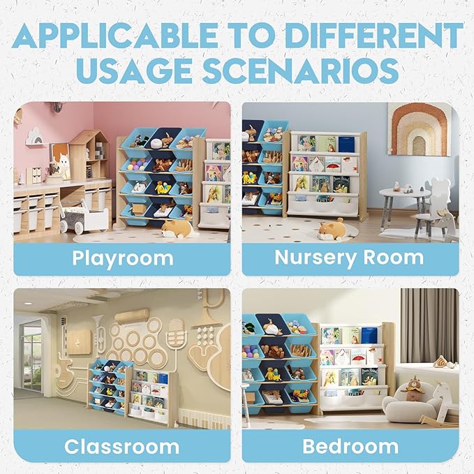 EXPERLAM Kids Toy Storage Organizer - Toy Storage with Bookshelf, Toy Organizer with 12 Blue Bins and 4 Book Shelves, Toy Organizers and Storage for Playroom, Nursery, Kids Room, Burlywood