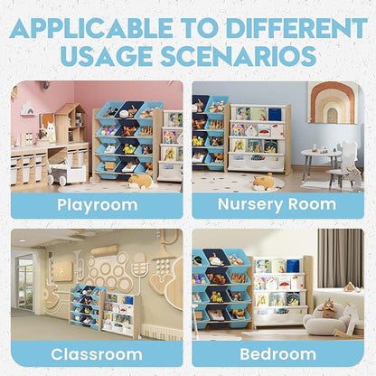 EXPERLAM Kids Toy Storage Organizer - Toy Storage with Bookshelf, Toy Organizer with 12 Blue Bins and 4 Book Shelves, Toy Organizers and Storage for Playroom, Nursery, Kids Room, Burlywood