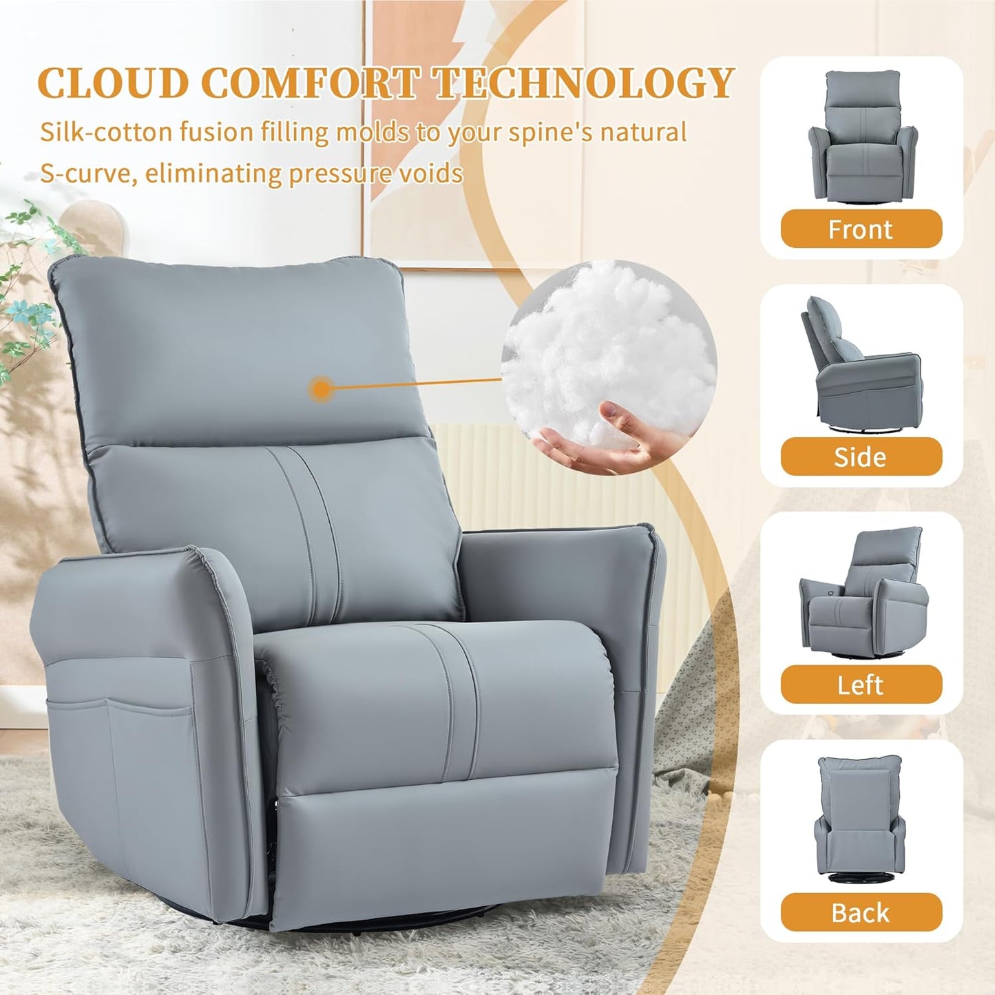 Power Swivel Rocker Recliner Chair for Nursery, Upholstered Snowflake Velvet 270°Swivel Glider Rocker Chair with USB Ports, Small Power Recliners for Small Spaces Living Room