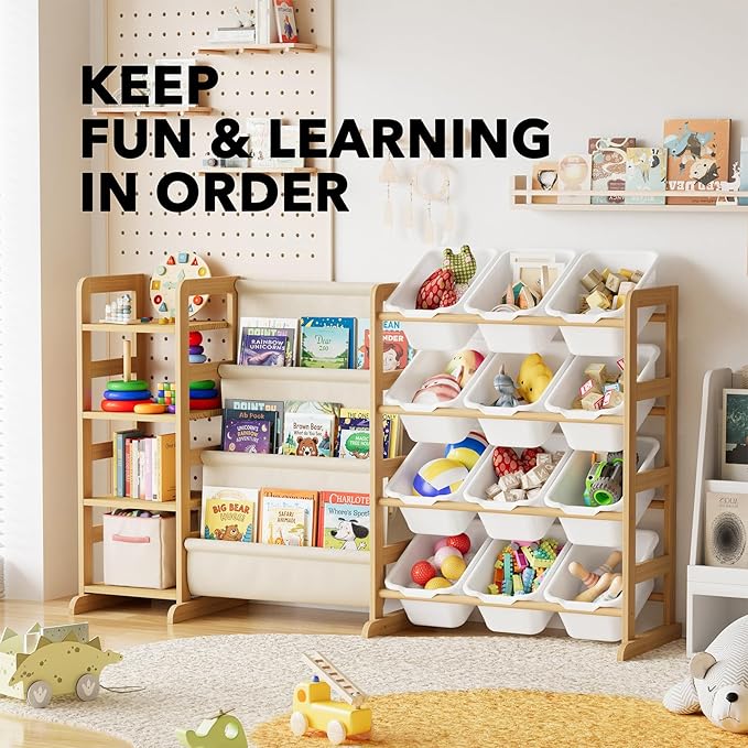 SpaceAid 3-in-1 Toy Storage Organizer with 4 Shelves and 12 Bins, Toy Organizers Storage 3-Tier Bookshelf, Kids Bin Shelf Box Bookcase for Bedroom Playroom Organization Room Decor, White