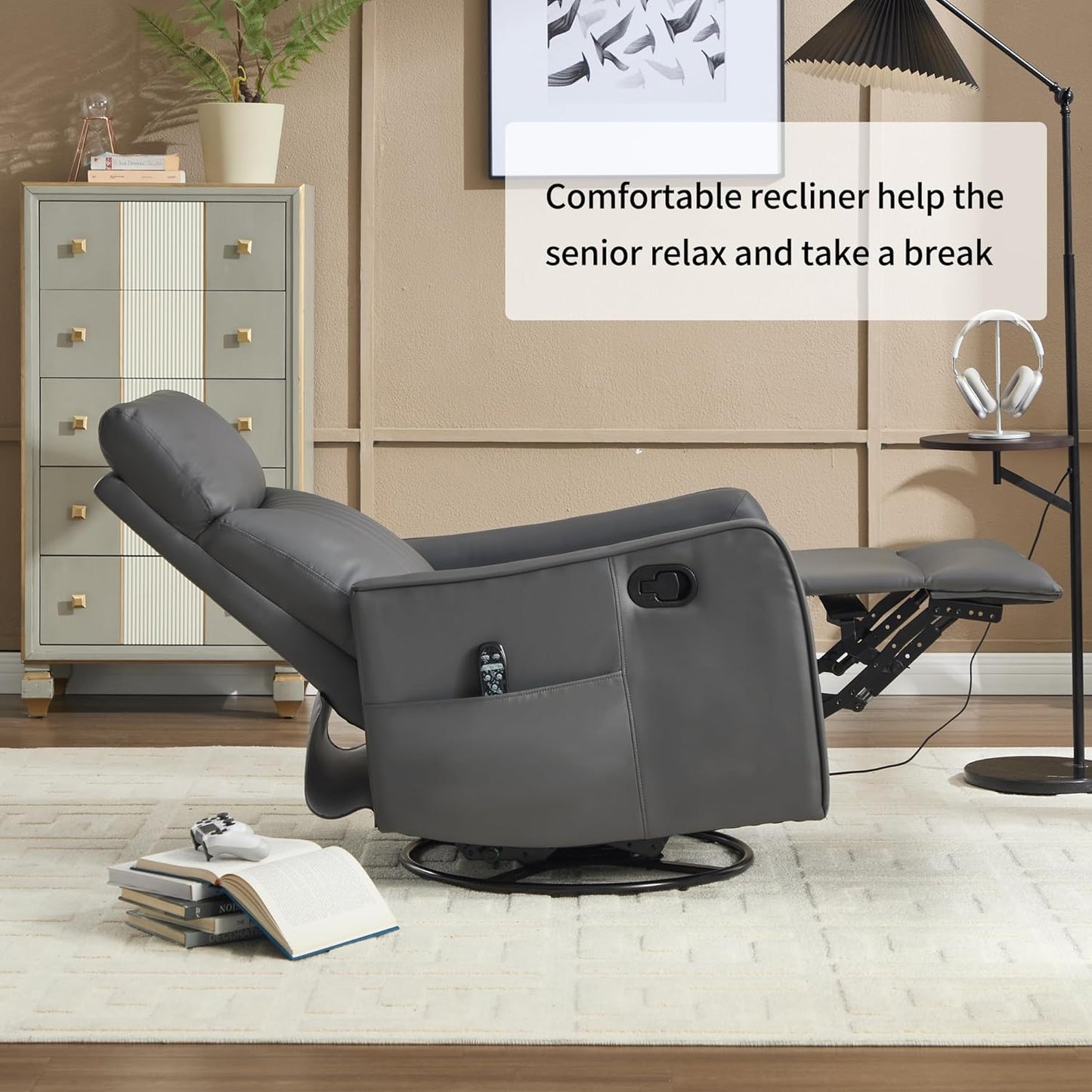 Swivel Rocker Recliner Chair for Adults, Nursery Rocking Chair with Heat and Massage, Glider Reclining Chair for Small Space Living Room Bedroom, Faux Leather Black