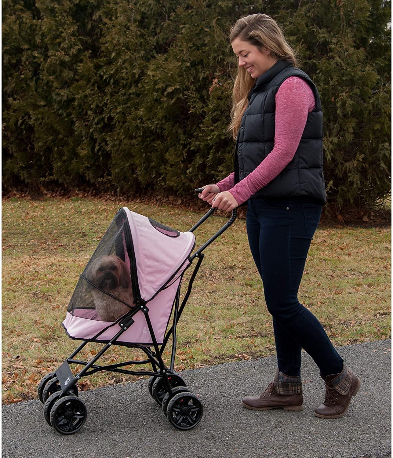 Pet Gear Travel Lite Plus Stroller, Compact, Easy Fold, No Assembly Required, Large Wheels for Cats and Dogs up to 15 pounds, Light Pink