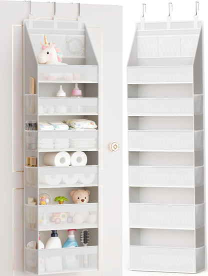 Criusia Over the Door Organizer, 6-Shelf Closet Hanging Storage with 13 Mesh Pockets, 55lbs Capacity Behind the Door Storage for Baby Nursery, Bathroom, Bedroom, and Dorm, Beige
