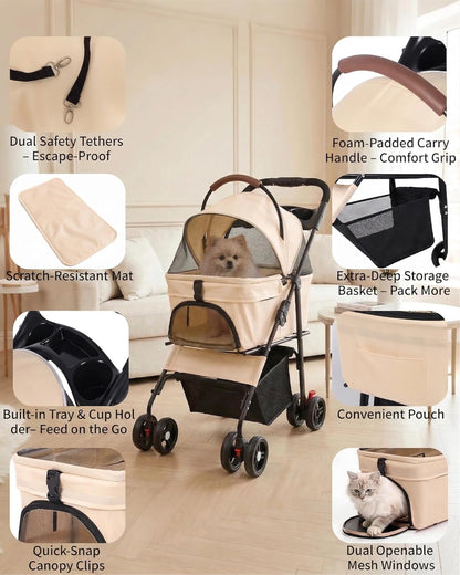 Pet Stroller with Removable Carrier, 35lbs Capacity - One-Click Foldable Dog Stroller, Cat Carrier & All-Terrain Wheels, Compact Travel Pet Stroller for Small to Medium Pets-Gray
