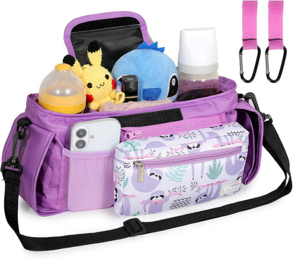 Universal Stroller Organizer with Insulated Cup Holders and Detachable Phone Bag,Stroller Caddy Fits for Stroller Accessories like Uppababy, Baby Jogger, Doona, Nuna Stroller (Green Square grid)